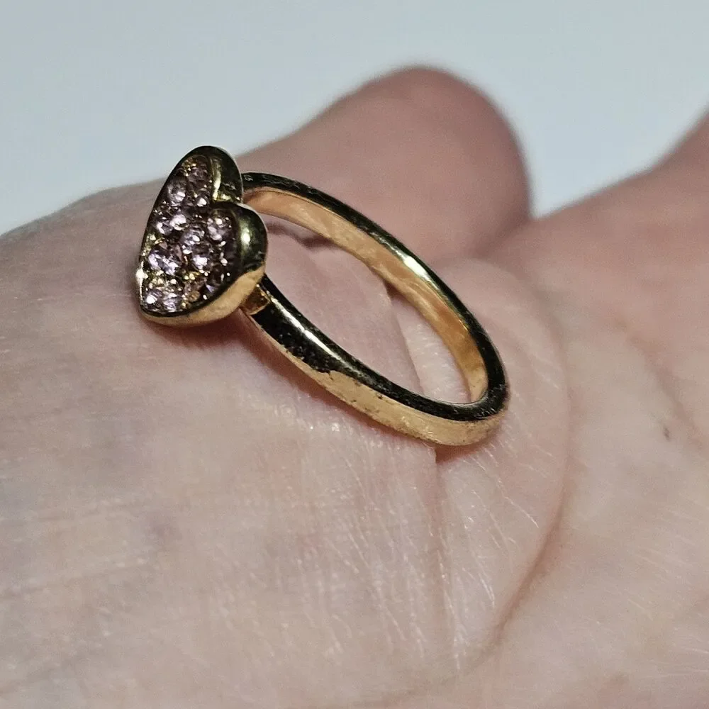 Gold Tone Pink Rhinestone Accented Heart Ring Size 5.25